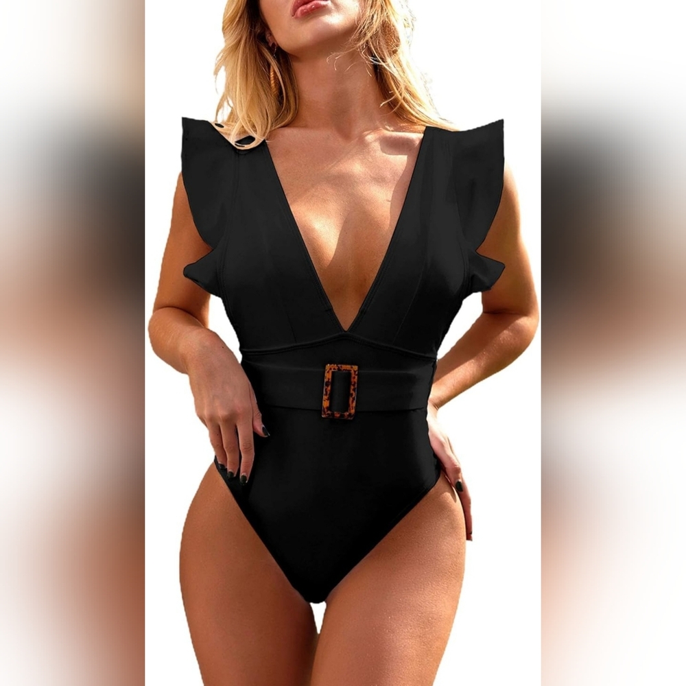 One Piece Swimsuit Ruffle Deep V Neck Strappy Swimwear SIZE L